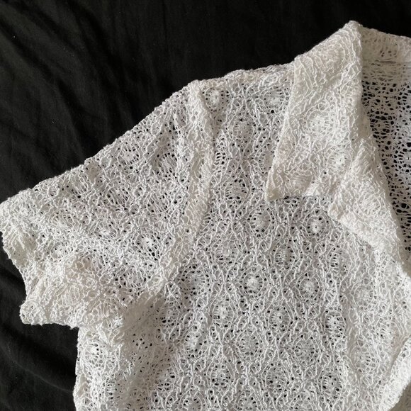White Mesh Button Up Short Sleeve Collared Blouse - Picture 3 of 5